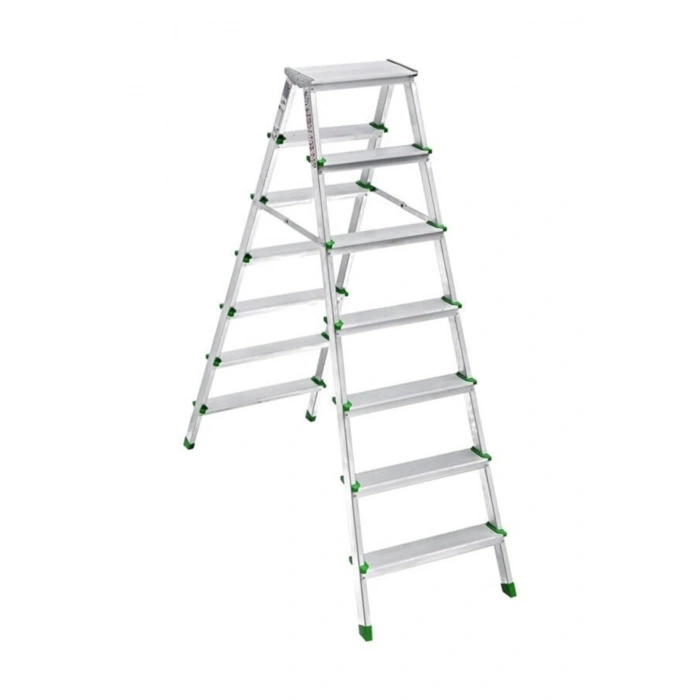 Saraylı Paslanmaz Alüminyum Çift Çıkışlı Çift Taraflı Seyyar Merdiven 7+7 Basamaklı