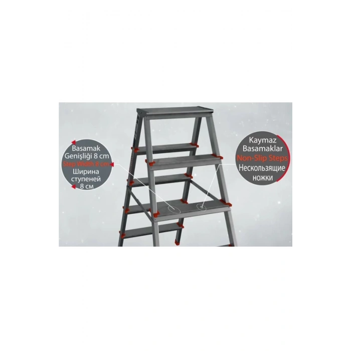 Saraylı Paslanmaz Alüminyum Çift Çıkışlı Çift Taraflı Seyyar Merdiven 7+7 Basamaklı