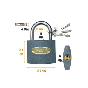 Kupa Asma Kilit Gri 25 Mm. - 3 Anahtarlı