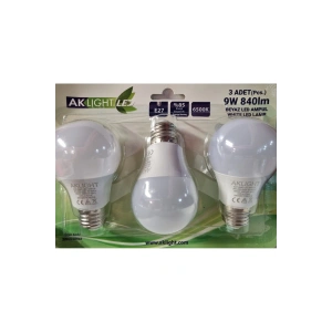 Aklight LED 9W/6500K 840lm E27 BEYAZ IŞIK 3LÜ PAKT