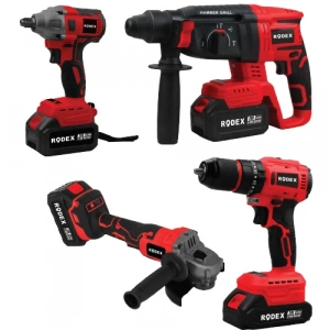 Rodex 4lü Makine Seti 20V 3x4.0Ah Li-Ion D.Matkap 45Nm D.Somun Sıkma 300Nm Kırıcı Delici 2.5J Avuç Taşlama 125Mm AksesuarlI BMC