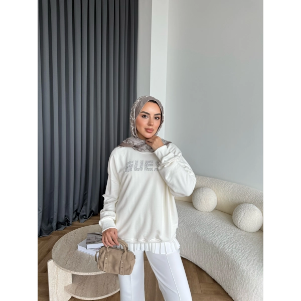 1-Muadil Taşlı Sweat - Beyaz