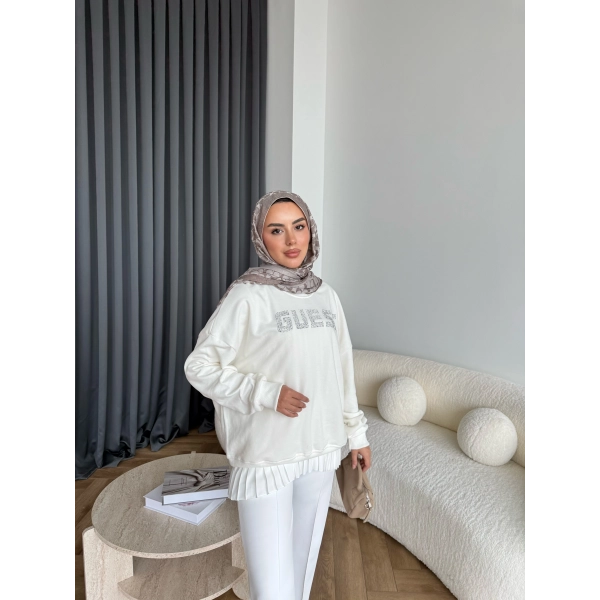 1-Muadil Taşlı Sweat - Beyaz