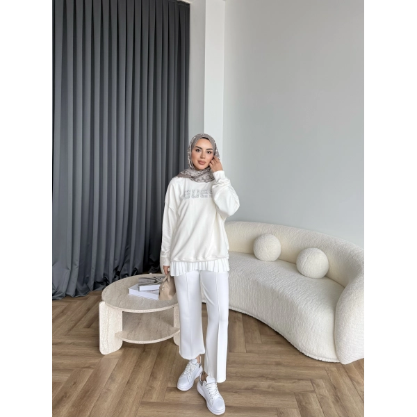 1-Muadil Taşlı Sweat - Beyaz