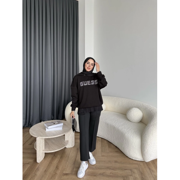 1-Muadil Taşlı Sweat - Siyah