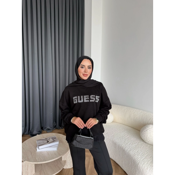 1-Muadil Taşlı Sweat - Siyah