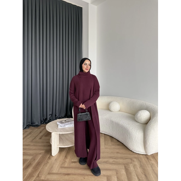 3 Lü Kimono Triko Takım - Bordo