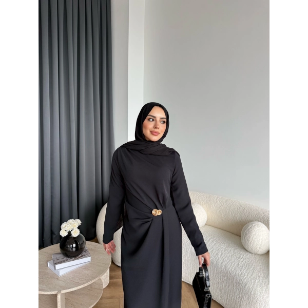 Sılan Yan Detaylı Elbise - Siyah