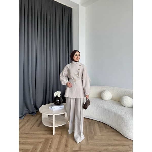 Tb - Evran Gold Düğme Cupra Takım - Bej - ÖN SİPARİŞ