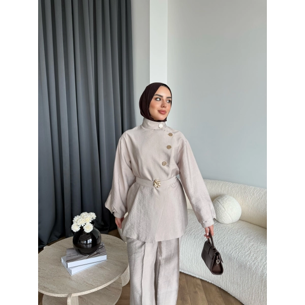 Tb - Evran Gold Düğme Cupra Takım - Bej - ÖN SİPARİŞ