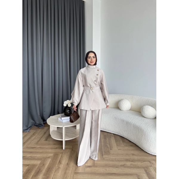 Tb - Evran Gold Düğme Cupra Takım - Bej - ÖN SİPARİŞ