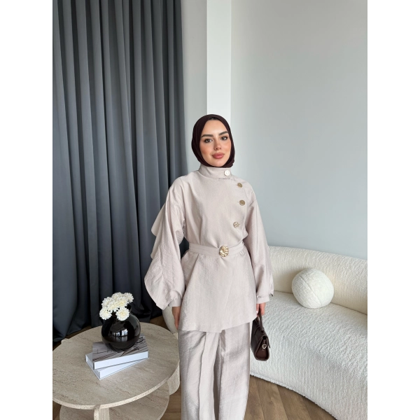 Tb - Evran Gold Düğme Cupra Takım - Bej - ÖN SİPARİŞ