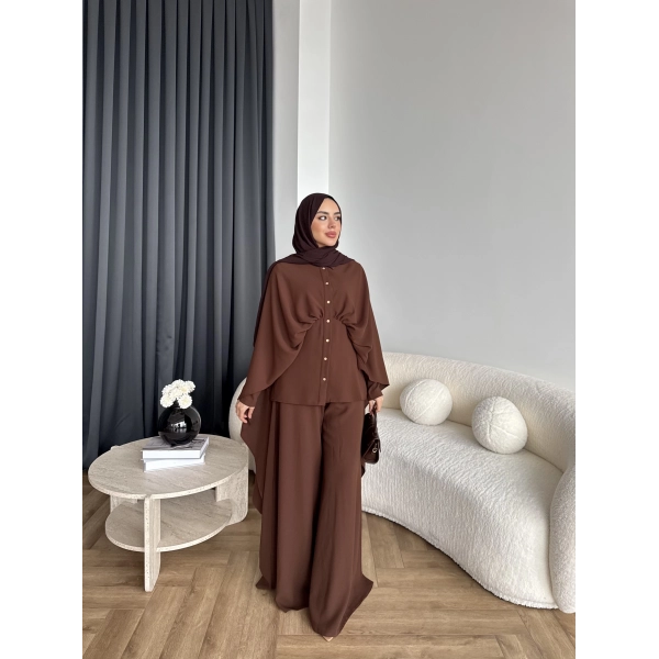 Qu - Liaml Pelerin Detay Takım - Kahve