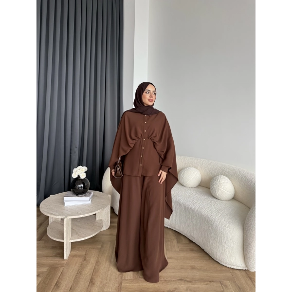 Qu - Liaml Pelerin Detay Takım - Kahve