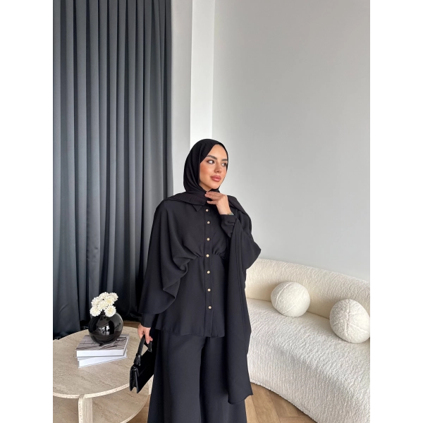 Qu - Liaml Pelerin Detay Takım - Siyah