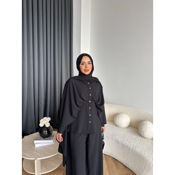 Qu - Liaml Pelerin Detay Takım - Siyah