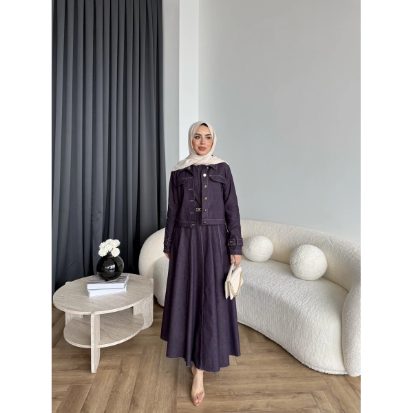 Tb - Eslan Ceketli Jile Elbise - Mürdüm