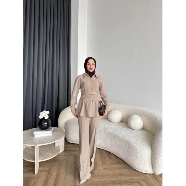 Qu - Hally Atkı Detay Modal Takım - Bej