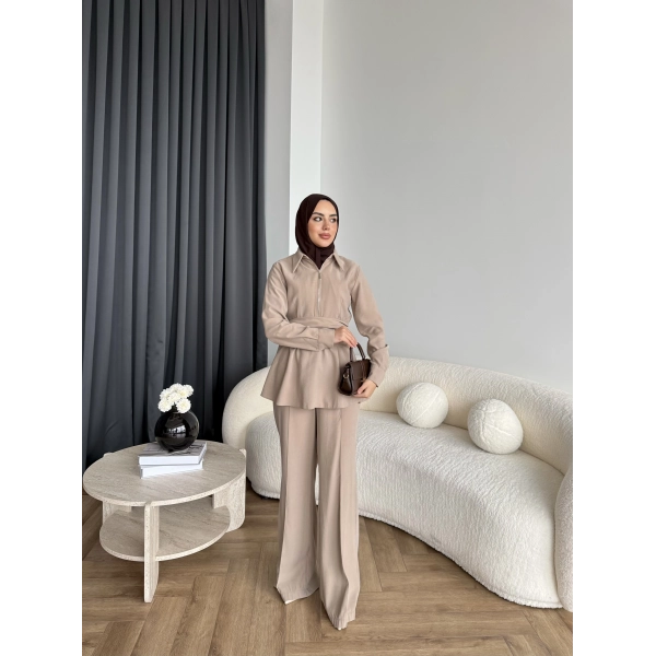 Qu - Hally Atkı Detay Modal Takım - Bej