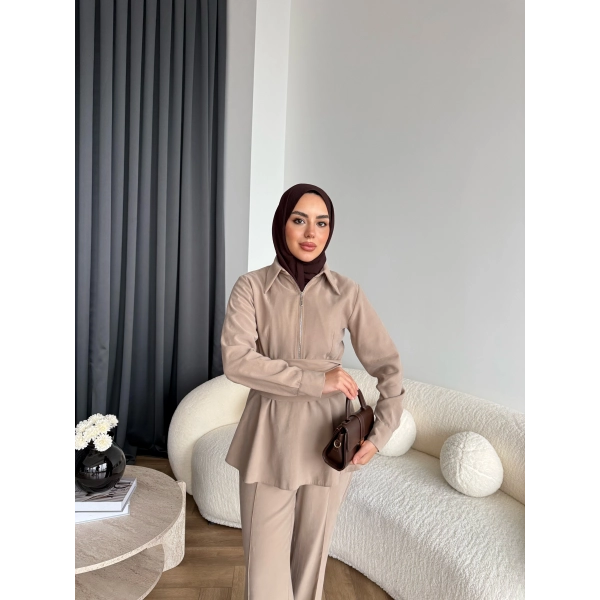 Qu - Hally Atkı Detay Modal Takım - Bej