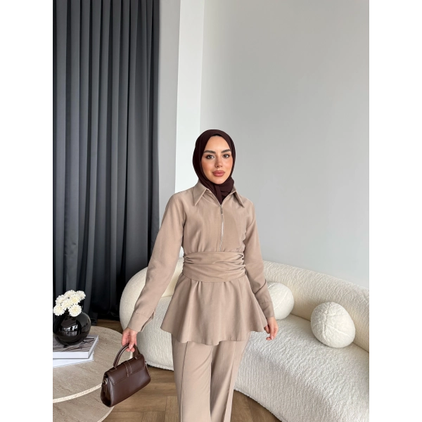 Qu - Hally Atkı Detay Modal Takım - Bej