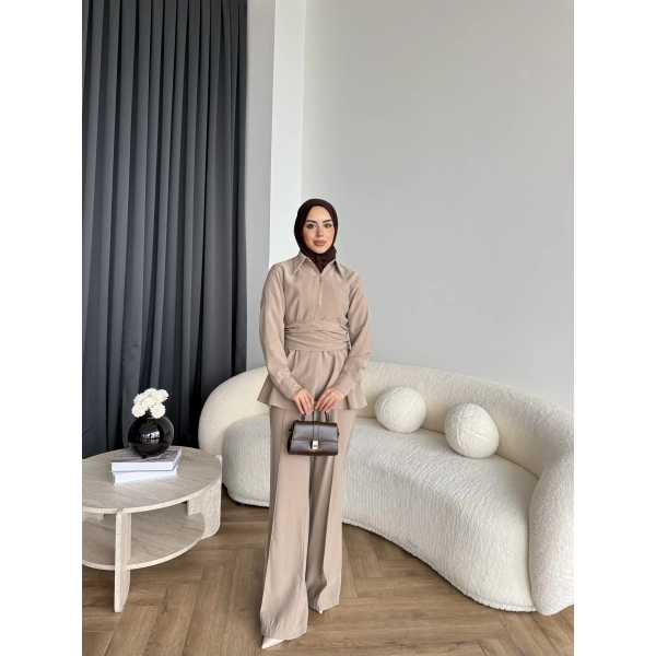 Qu - Hally Atkı Detay Modal Takım - Bej