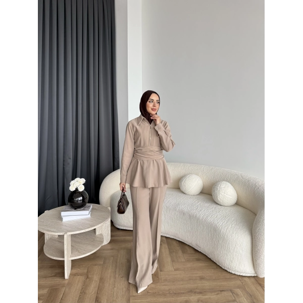 Qu - Hally Atkı Detay Modal Takım - Bej