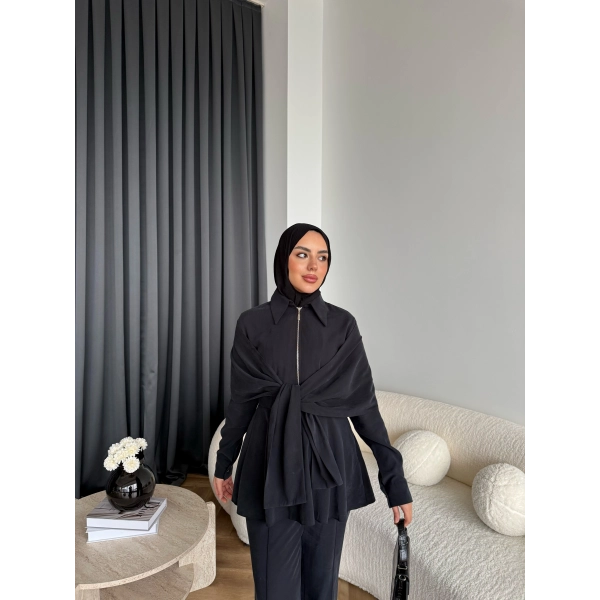 Qu - Hally Atkı Detay Modal Takım - Siyah