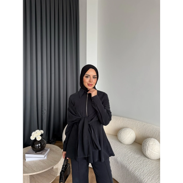 Qu - Hally Atkı Detay Modal Takım - Siyah