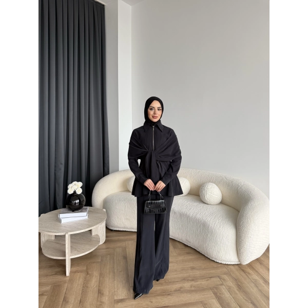 Qu - Hally Atkı Detay Modal Takım - Siyah