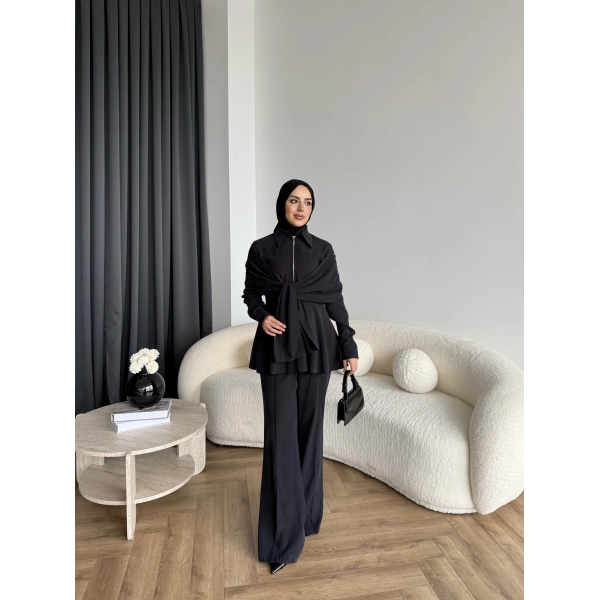 Qu - Hally Atkı Detay Modal Takım - Siyah