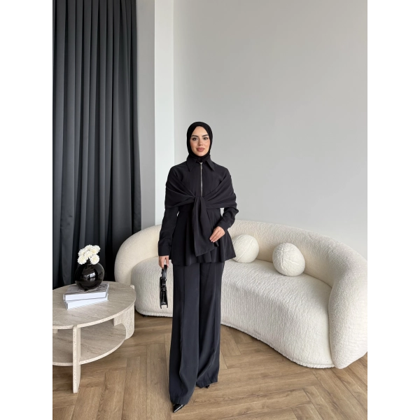 Qu - Hally Atkı Detay Modal Takım - Siyah