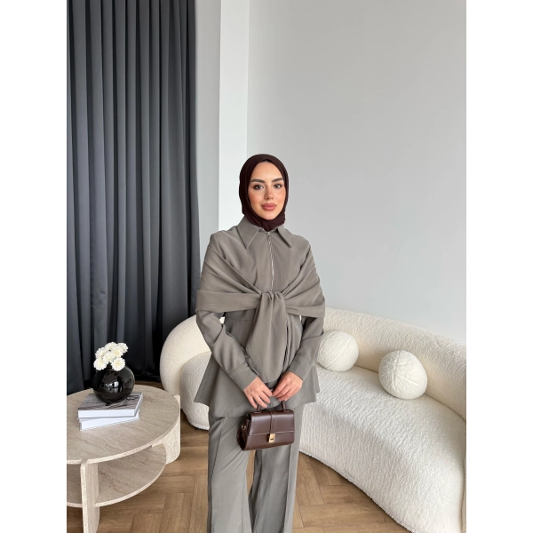 Qu - Hally Atkı Detay Modal Takım - Haki