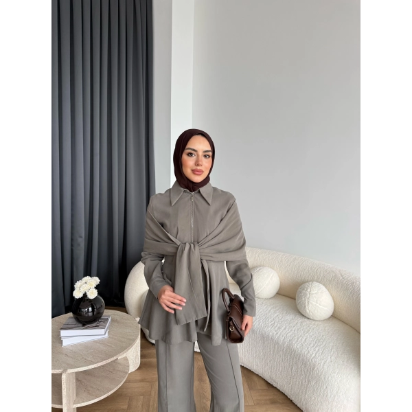 Qu - Hally Atkı Detay Modal Takım - Haki