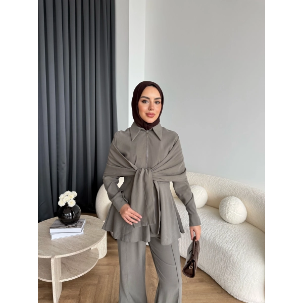 Qu - Hally Atkı Detay Modal Takım - Haki