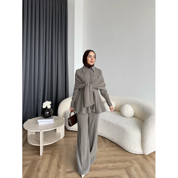 Qu - Hally Atkı Detay Modal Takım - Haki