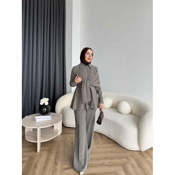 Qu - Hally Atkı Detay Modal Takım - Haki