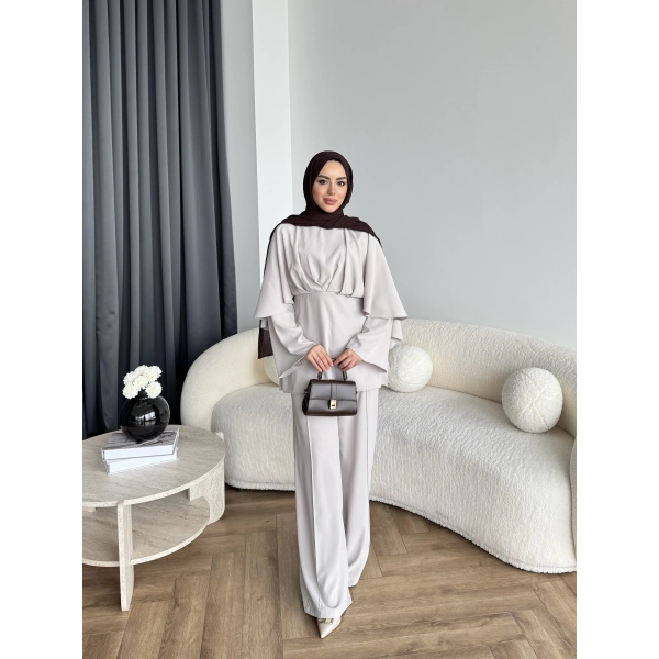 Qu - Eytan Fırfırlı Krep Takım - Taş Rengi