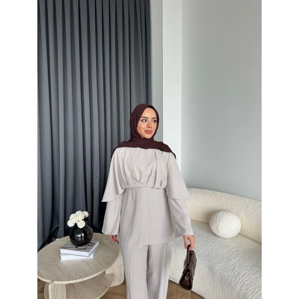 Qu - Eytan Fırfırlı Krep Takım - Taş Rengi