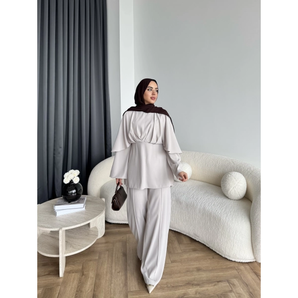 Qu - Eytan Fırfırlı Krep Takım - Taş Rengi