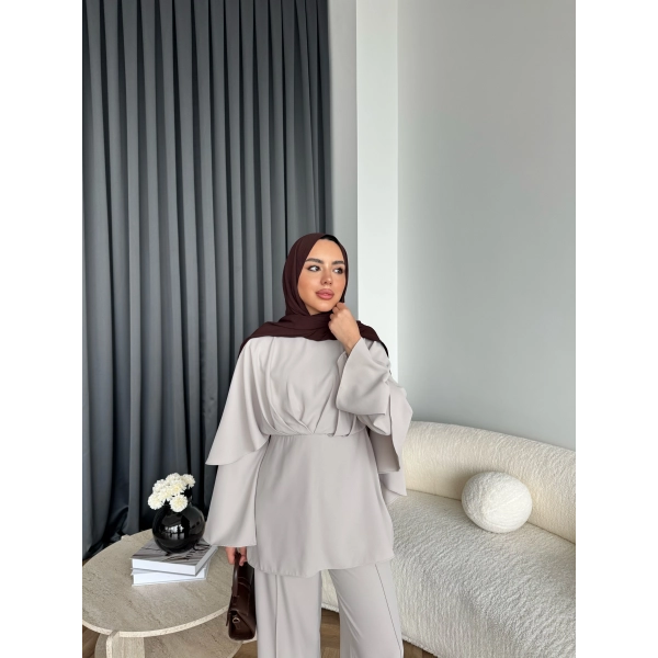 Qu - Eytan Fırfırlı Krep Takım - Taş Rengi