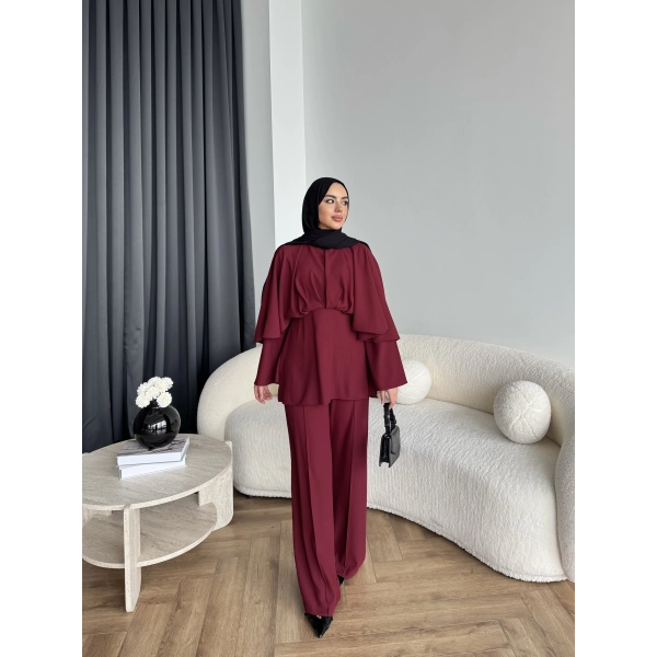 Qu - Eytan Fırfırlı Krep Takım - Bordo