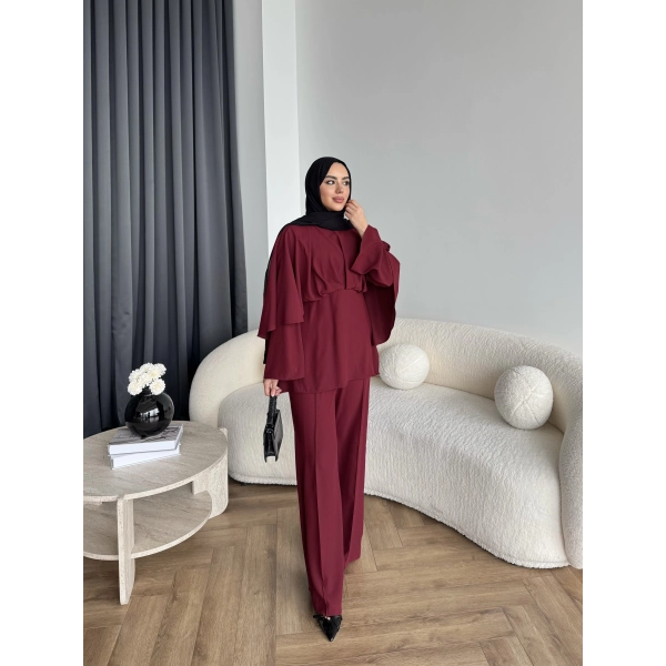 Qu - Eytan Fırfırlı Krep Takım - Bordo