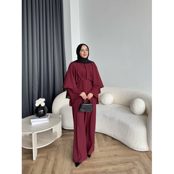 Qu - Eytan Fırfırlı Krep Takım - Bordo