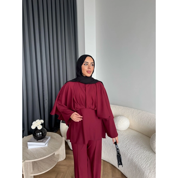 Qu - Eytan Fırfırlı Krep Takım - Bordo