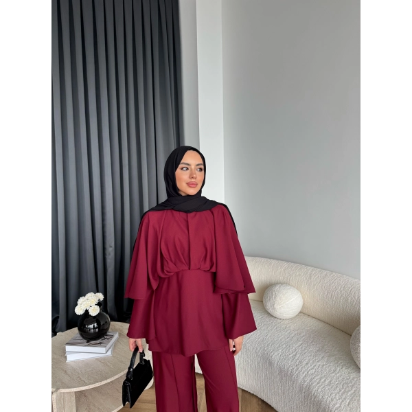 Qu - Eytan Fırfırlı Krep Takım - Bordo