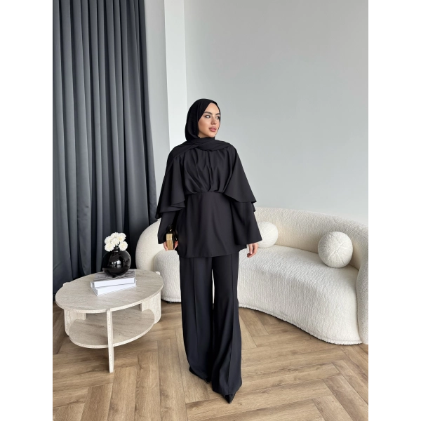 Qu - Eytan Fırfırlı Krep Takım - Siyah