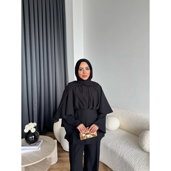 Qu - Eytan Fırfırlı Krep Takım - Siyah