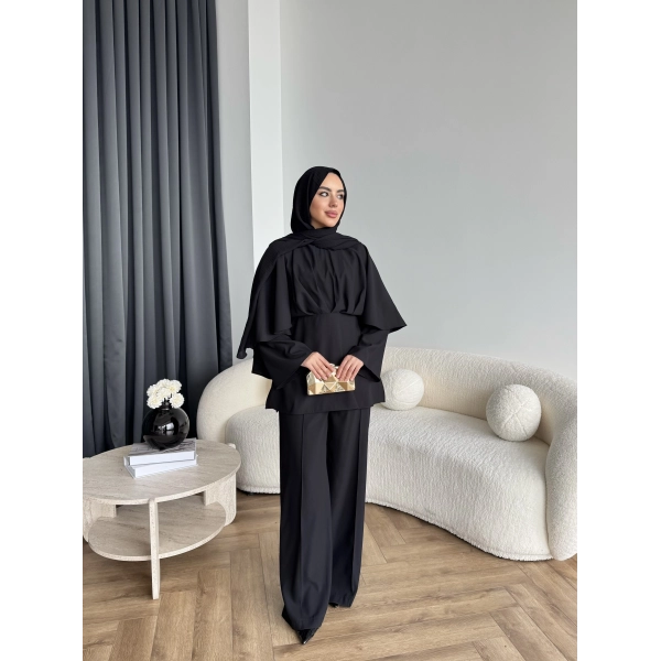 Qu - Eytan Fırfırlı Krep Takım - Siyah