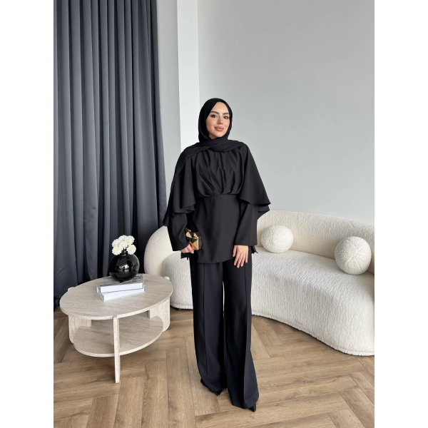 Qu - Eytan Fırfırlı Krep Takım - Siyah